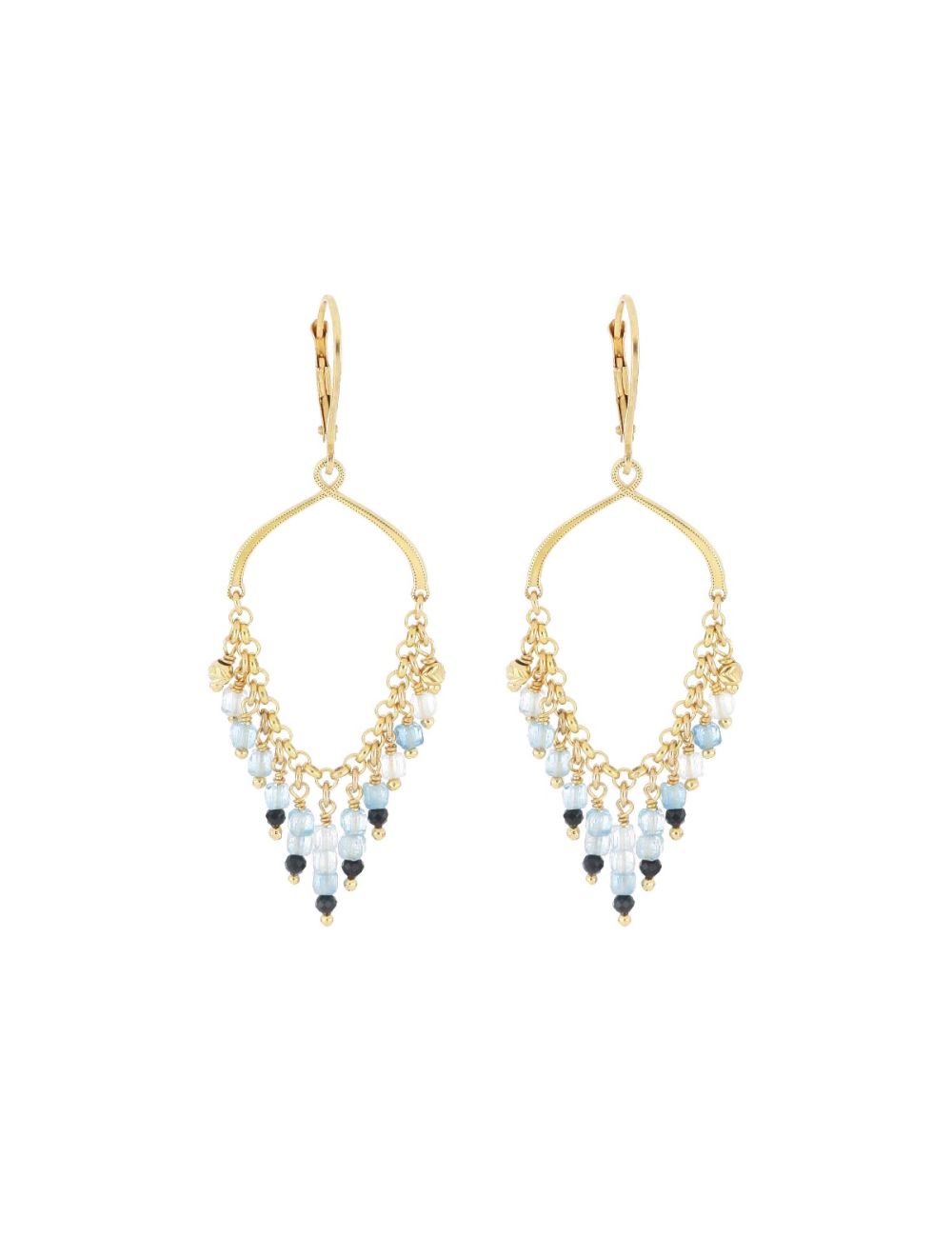 Par de pendientes colgantes Monachella con aguamarinas y espinelas facetadas.