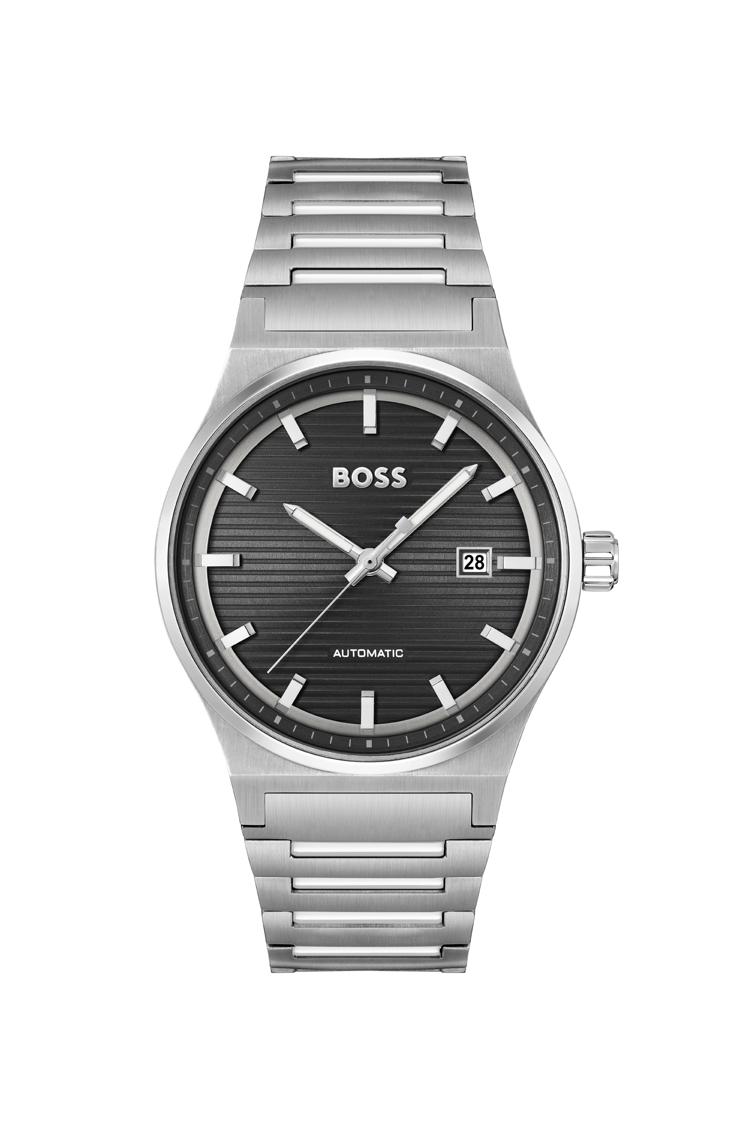 Reloj plateado con esfera negra ranurada