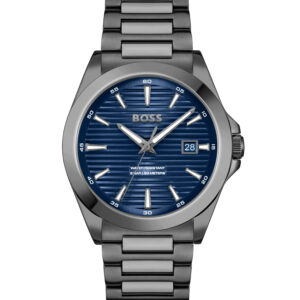 Reloj chapado en gris con esfera estriada azul