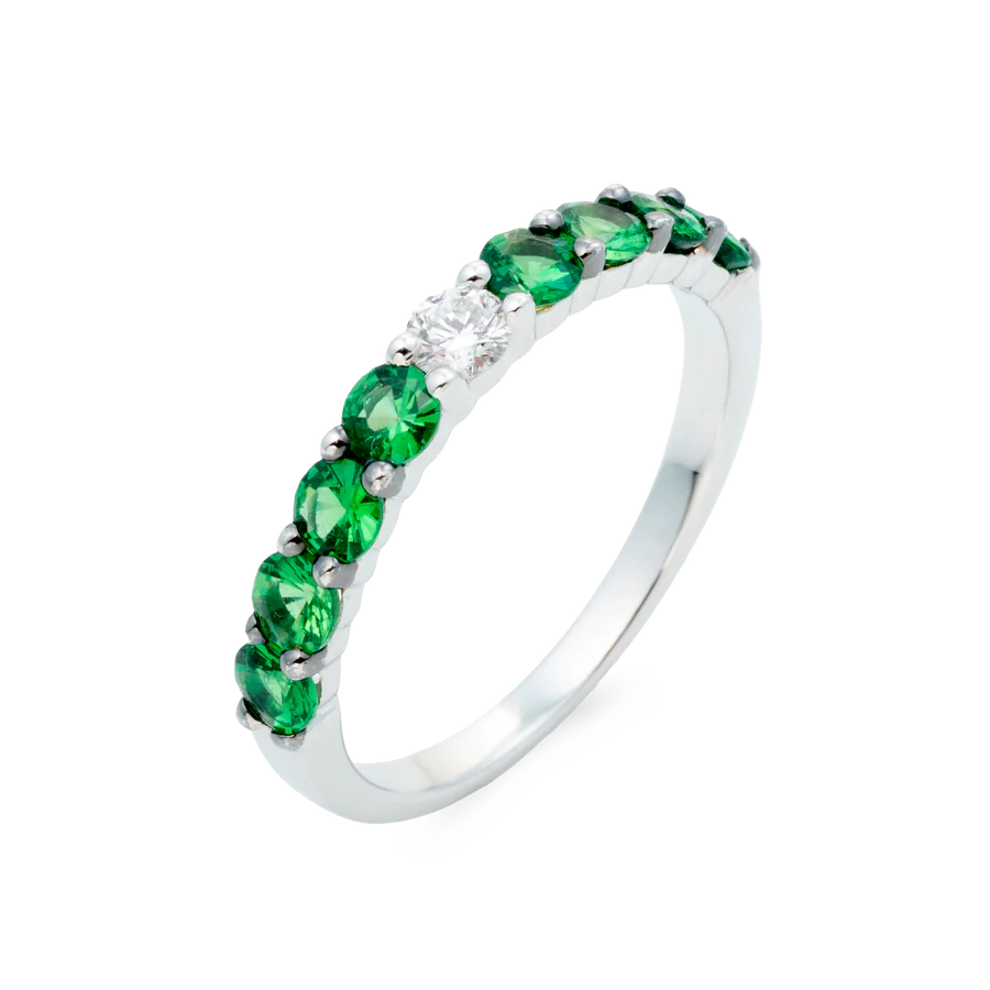 Sortija de Oro Blanco 18K con Diamante y Tsavorita