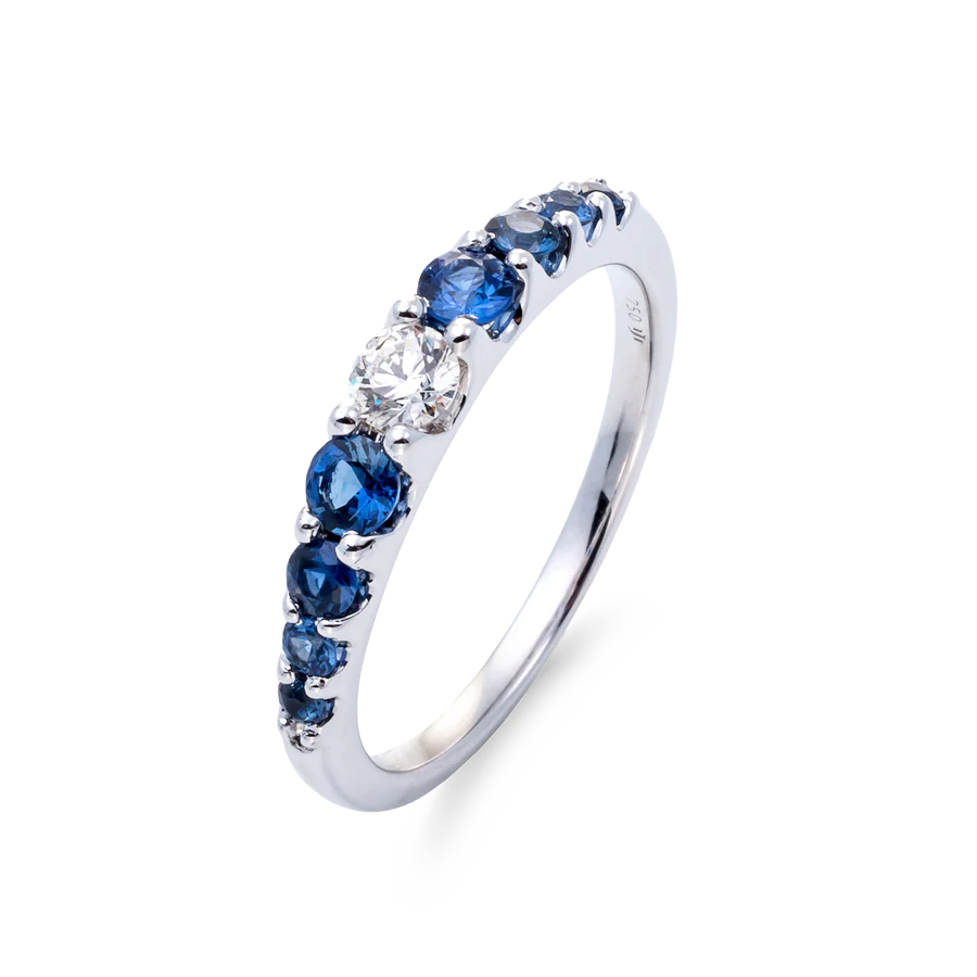 Sortija de Oro Blanco 18K con Diamante y Zafiro